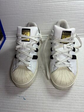 adidas White and Black Shell Toe Sneakers with Gold Accent USED SKU GY5250